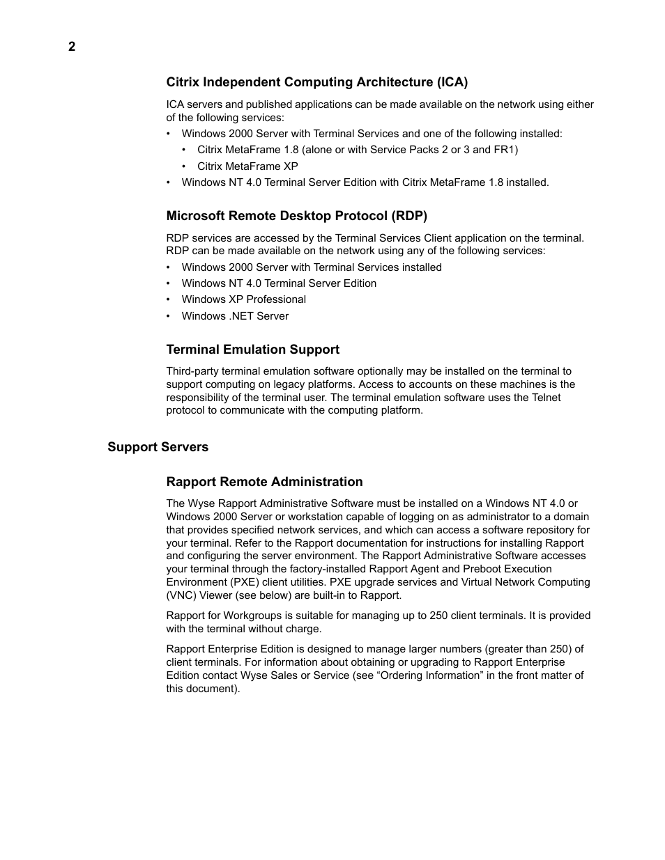 Citrix independent computing architecture (ica), Microsoft remote desktop protocol (rdp), Terminal emulation support | Support servers, Rapport remote administration, Terminal emulation support 2, Support servers 2, Rapport remote administration 2 | Wyse Technology WintermTM 9000 User Manual | Page 22 / 62