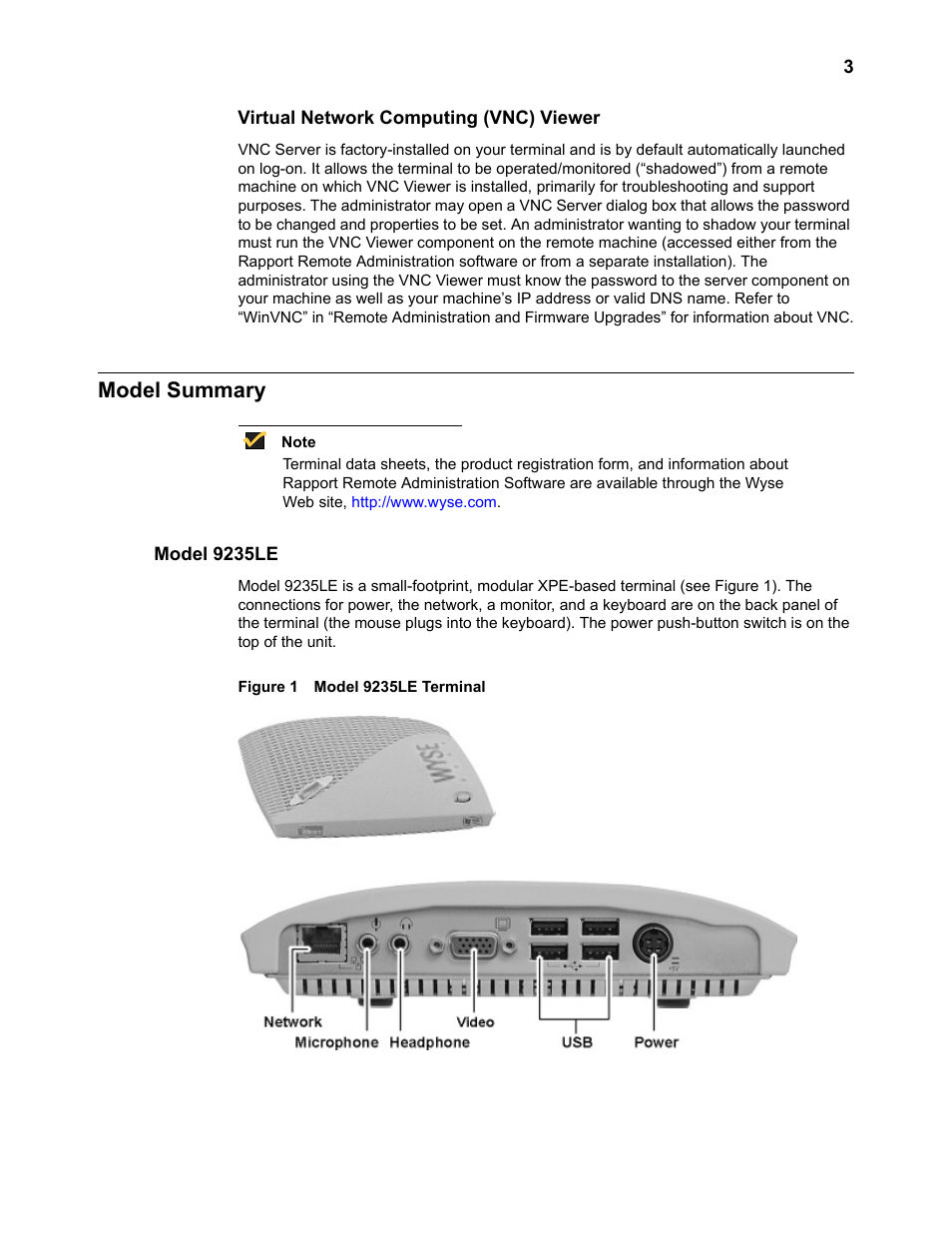 Virtual network computing (vnc) viewer, Model summary, Model 9235le | Virtual network computing (vnc) viewer 3, Model summary 3, Model 9235le terminal 3 | Wyse Technology WintermTM 9000 User Manual | Page 23 / 62