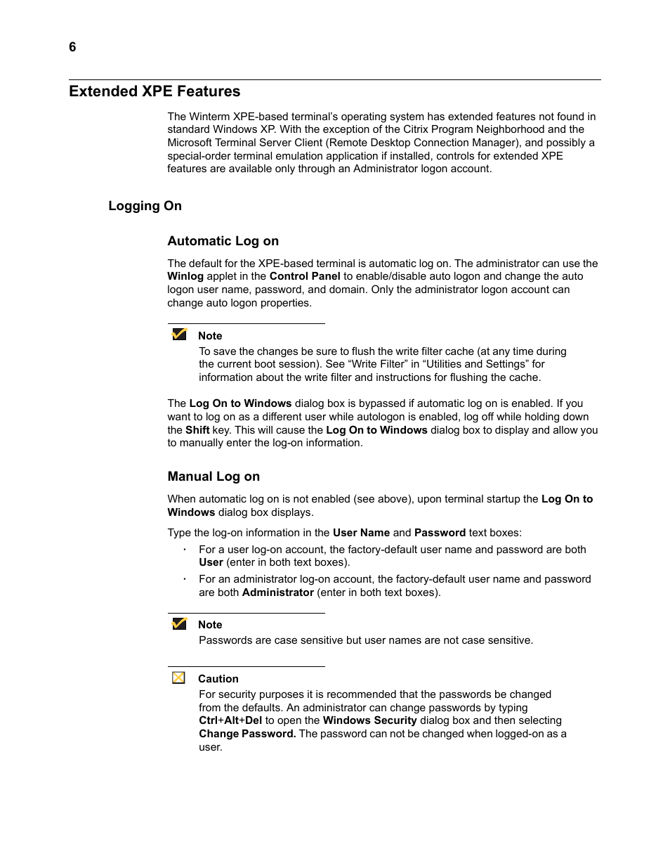 Extended xpe features, Logging on, Automatic log on | Manual log on, Automatic log on 6 manual log on | Wyse Technology WintermTM 9000 User Manual | Page 26 / 62