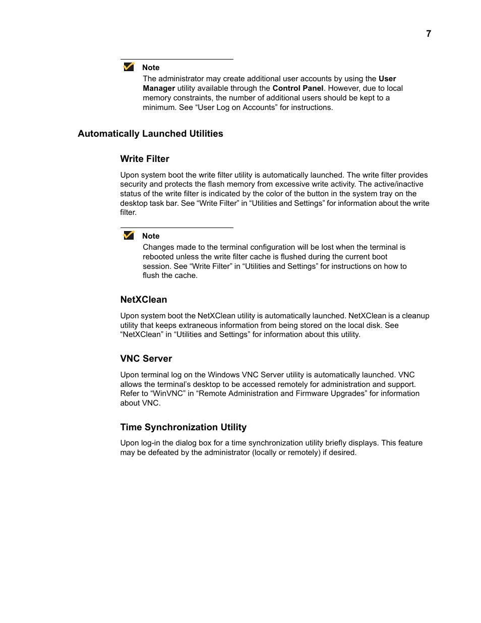 Automatically launched utilities, Write filter, Netxclean | Vnc server, Time synchronization utility, Automatically launched utilities 7 | Wyse Technology WintermTM 9000 User Manual | Page 27 / 62