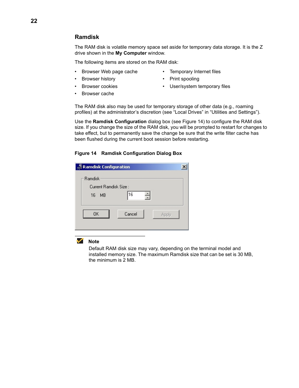 Ramdisk, Ramdisk 22, Ramdisk configuration dialog box | Wyse Technology WintermTM 9000 User Manual | Page 42 / 62