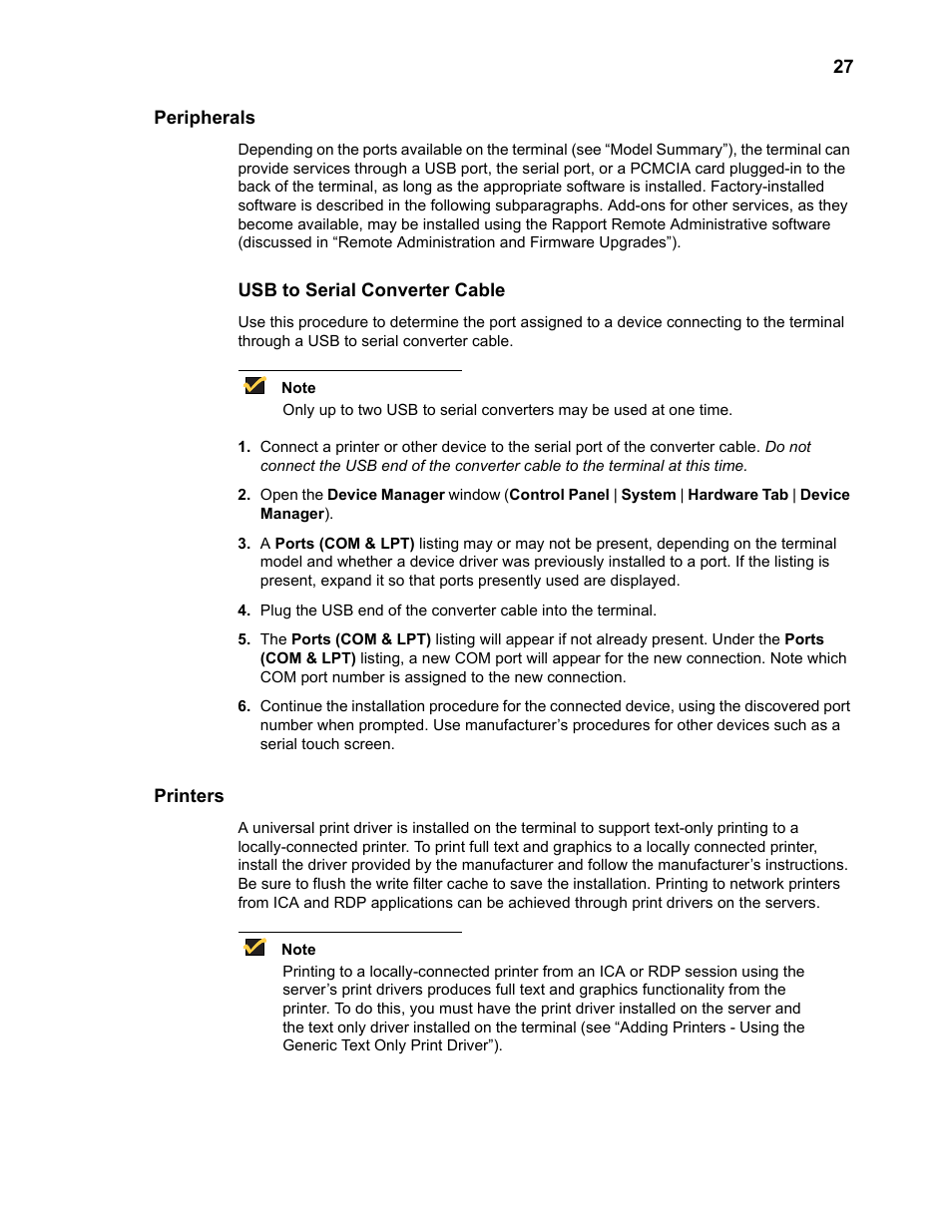 Peripherals, Usb to serial converter cable, Printers | Usb to serial converter cable 27 | Wyse Technology WintermTM 9000 User Manual | Page 47 / 62