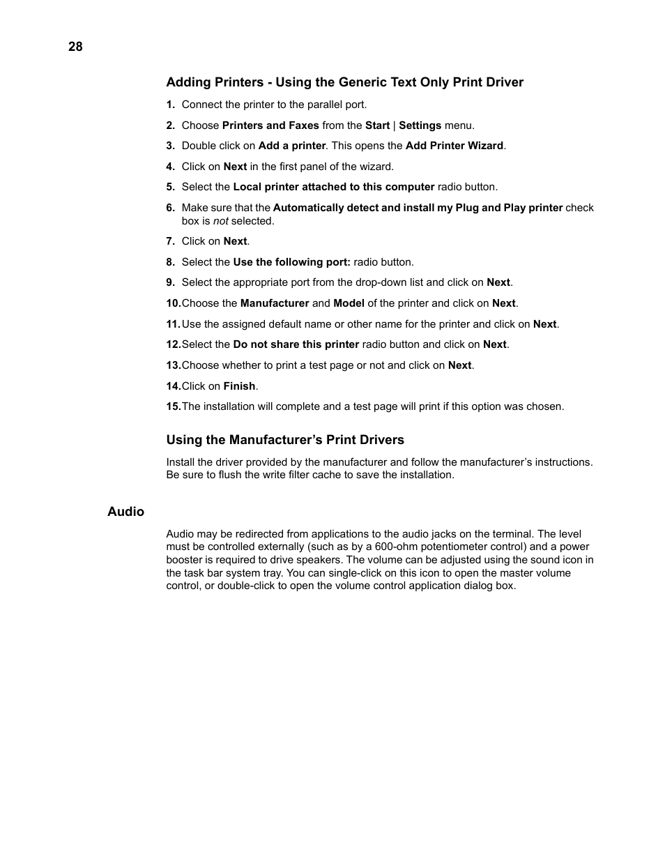 Using the manufacturer’s print drivers, Audio | Wyse Technology WintermTM 9000 User Manual | Page 48 / 62