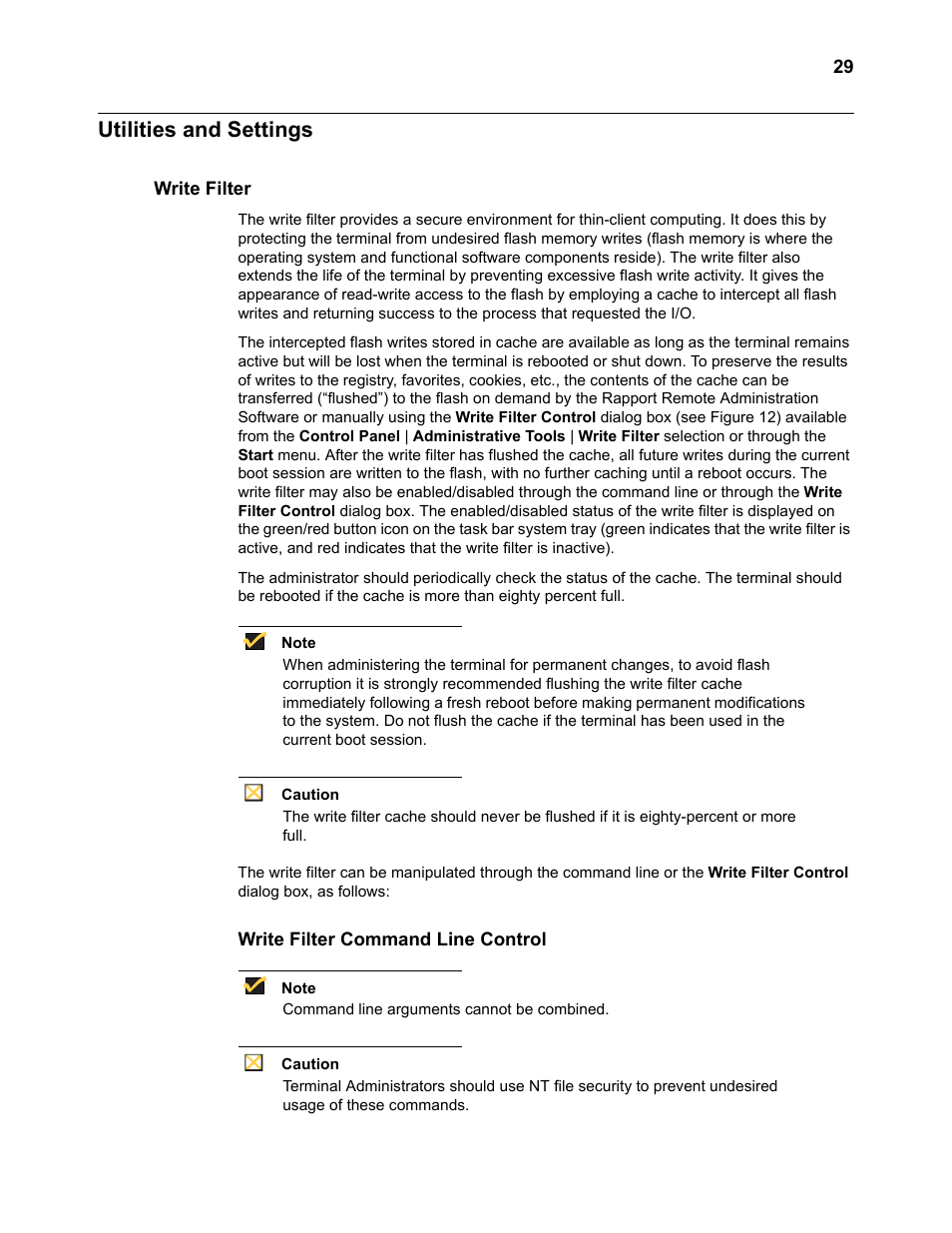 Utilities and settings, Write filter, Write filter command line control | Utilities and settings 29, Write filter 29, Write filter command line control 29 | Wyse Technology WintermTM 9000 User Manual | Page 49 / 62