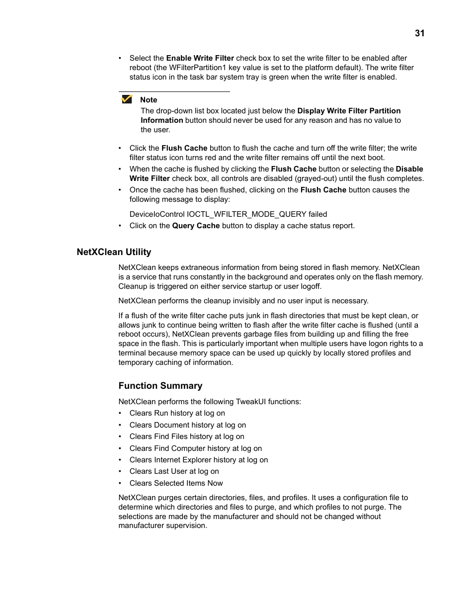 Netxclean utility, Function summary | Wyse Technology WintermTM 9000 User Manual | Page 51 / 62
