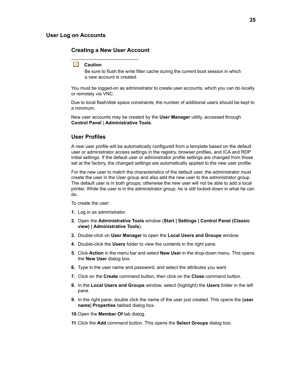 User log on accounts, Creating a new user account, User profiles | User log on accounts 35, Creating a new user account 35 user profiles | Wyse Technology WintermTM 9000 User Manual | Page 55 / 62