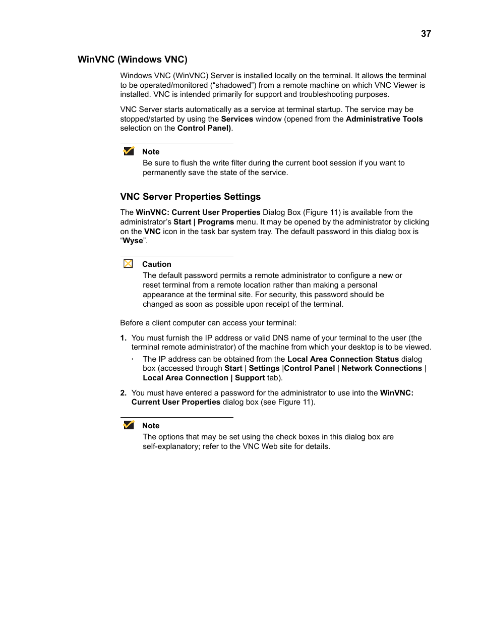 Winvnc (windows vnc), Vnc server properties settings, Winvnc (windows vnc) 37 | Vnc server properties settings 37 | Wyse Technology WintermTM 9000 User Manual | Page 57 / 62