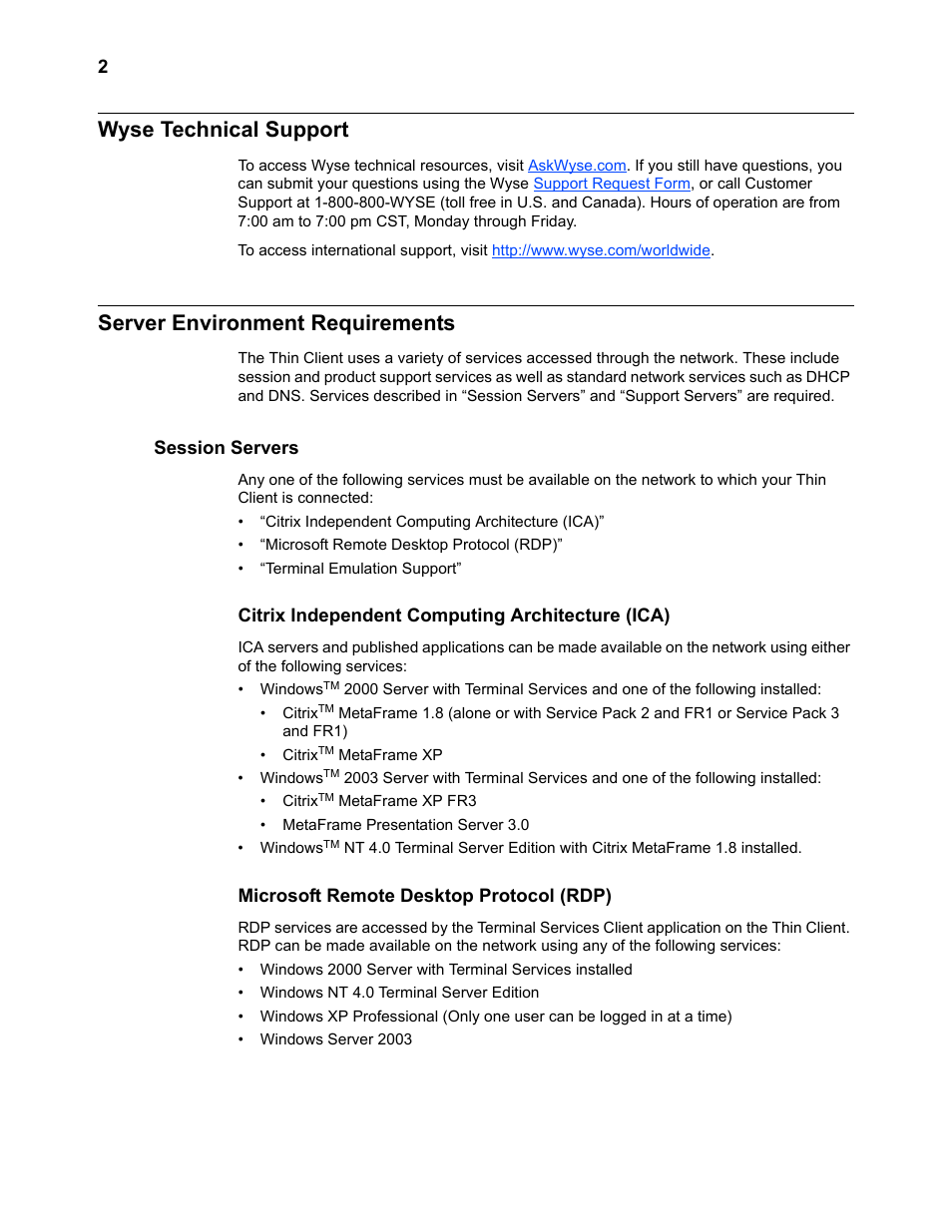 Wyse technical support, Server environment requirements, Session servers | Citrix independent computing architecture (ica), Microsoft remote desktop protocol (rdp), Server environment requirements 2 | Wyse Technology TM 9000 Series User Manual | Page 14 / 74