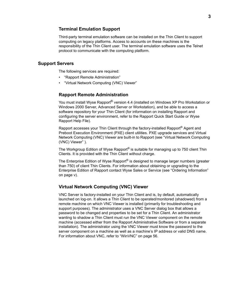 Terminal emulation support, Support servers, Rapport remote administration | Virtual network computing (vnc) viewer, Terminal emulation support 3, Support servers 3, Support servers” a | Wyse Technology TM 9000 Series User Manual | Page 15 / 74