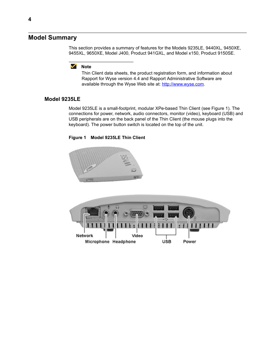 Model summary, Model 9235le, Model summary 4 | Model 9235le thin client 4 | Wyse Technology TM 9000 Series User Manual | Page 16 / 74