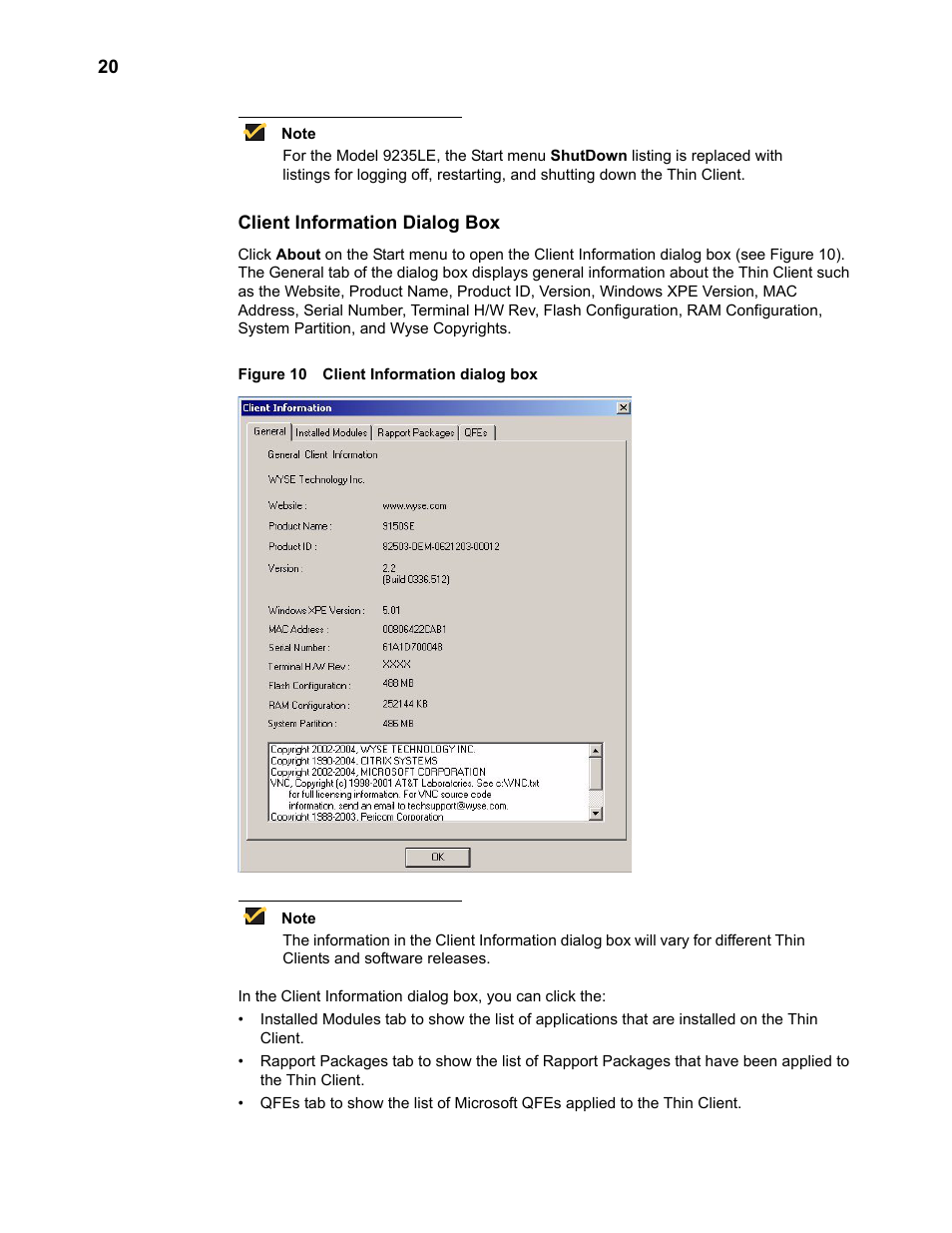 Client information dialog box, Client information dialog box 20 | Wyse Technology TM 9000 Series User Manual | Page 32 / 74