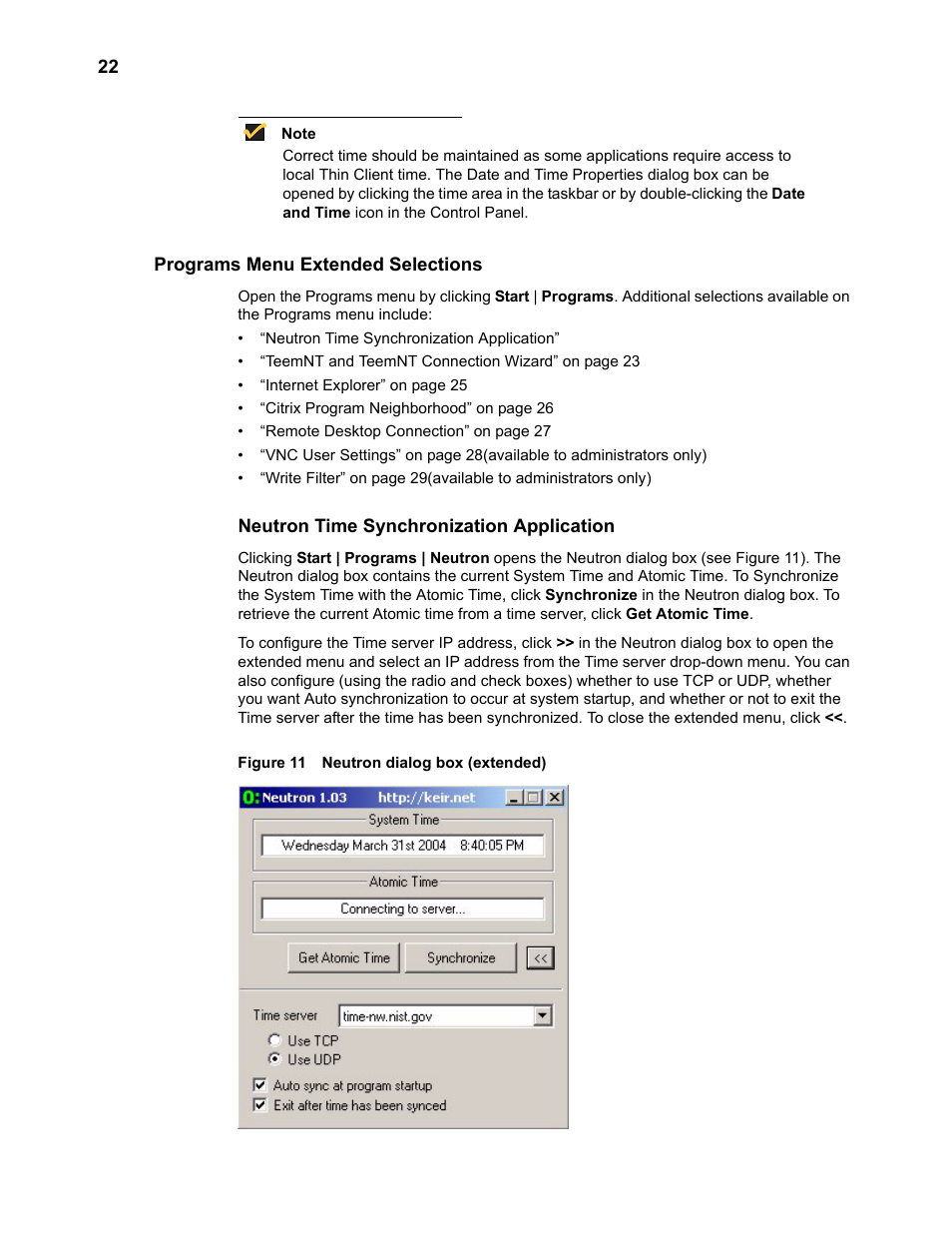 Programs menu extended selections, Neutron time synchronization application, Programs menu extended selections 22 | Neutron time synchronization application 22, Neutron dialog box (extended) 22 | Wyse Technology TM 9000 Series User Manual | Page 34 / 74