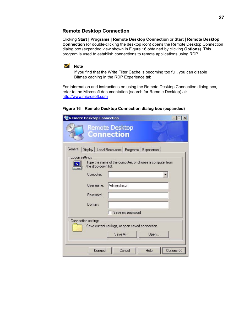 Remote desktop connection, Remote desktop connection 27, Remote desktop connection dialog box (expanded) | Wyse Technology TM 9000 Series User Manual | Page 39 / 74