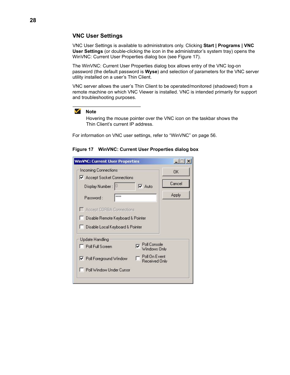 Vnc user settings, Winvnc: current user properties dialog box | Wyse Technology TM 9000 Series User Manual | Page 40 / 74