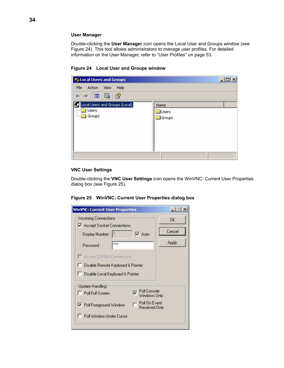 Local user and groups window 34, Winvnc: current user properties dialog box | Wyse Technology TM 9000 Series User Manual | Page 46 / 74