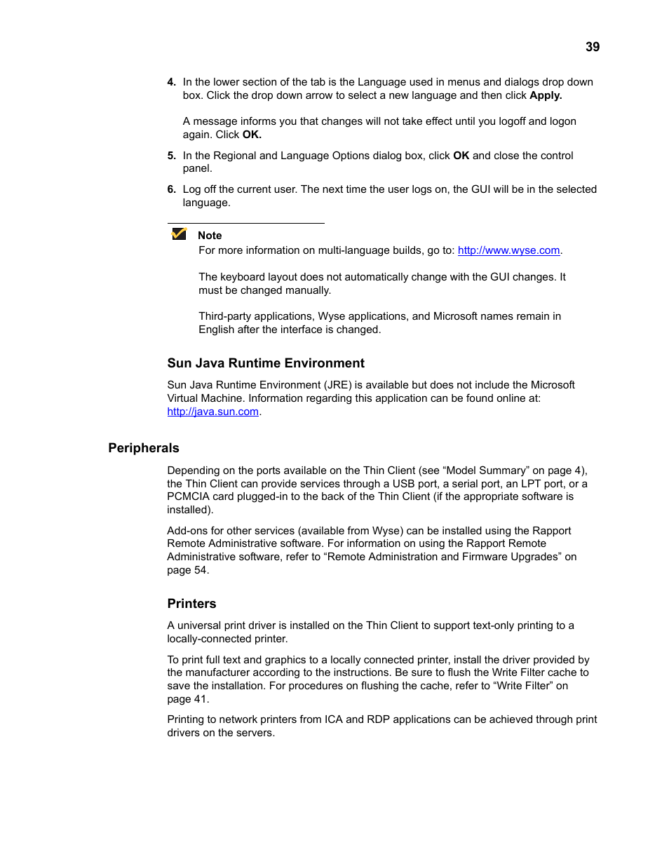 Sun java runtime environment, Peripherals, Printers | Sun java runtime environment 39, Printers 39 | Wyse Technology TM 9000 Series User Manual | Page 51 / 74