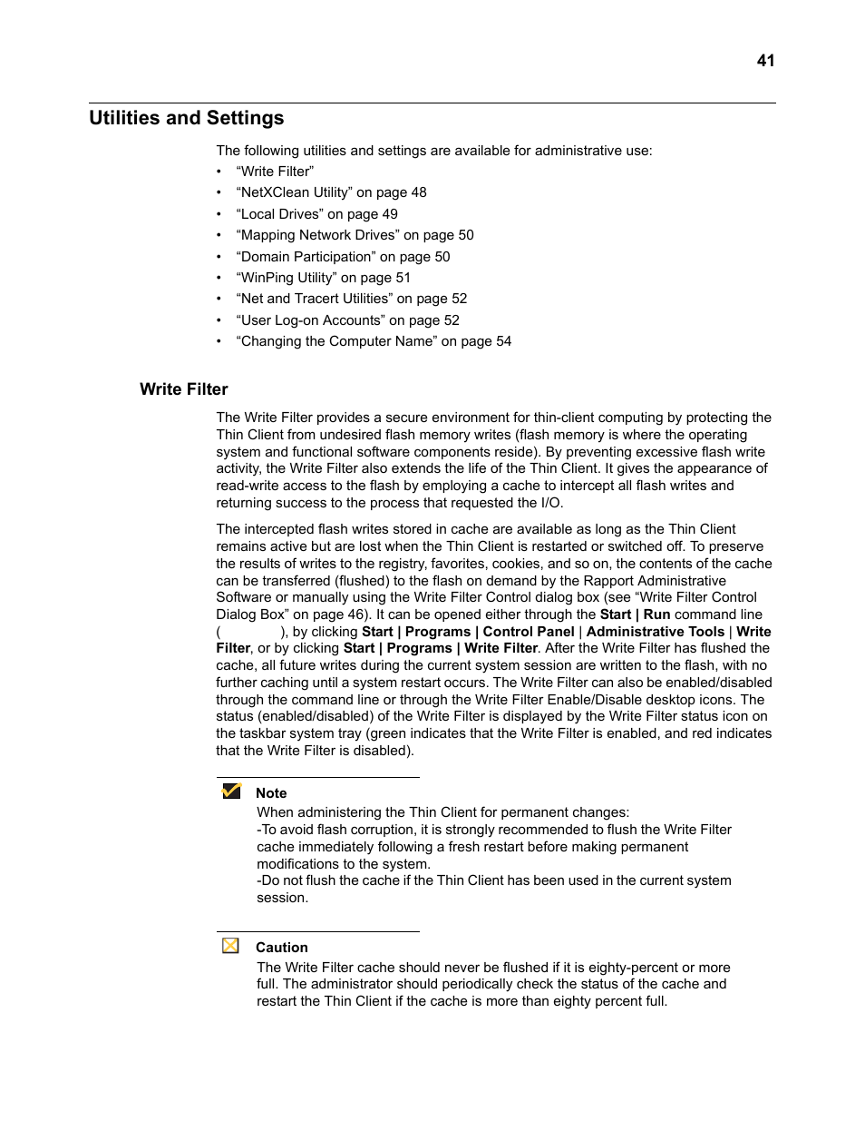 Utilities and settings, Write filter, Utilities and settings 41 | Write filter 41 | Wyse Technology TM 9000 Series User Manual | Page 53 / 74