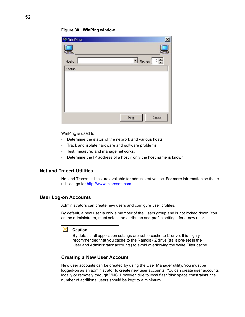 Net and tracert utilities, User log-on accounts, Creating a new user account | Net and tracert utilities 52 user log-on accounts, Creating a new user account 52, Winping window | Wyse Technology TM 9000 Series User Manual | Page 64 / 74