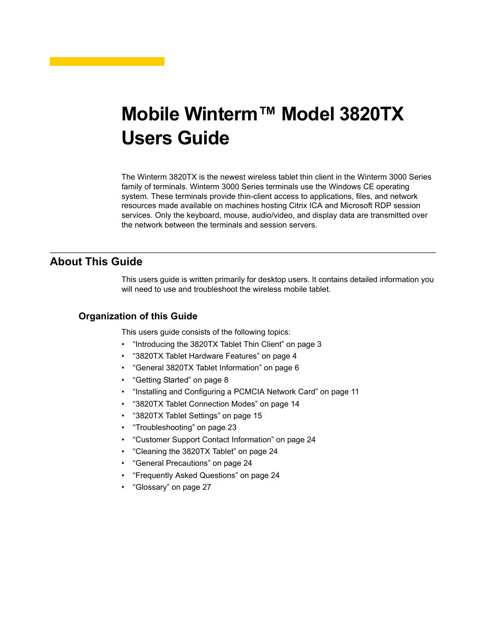 About this guide, Organization of this guide, Organization of this guide 1 | Mobile winterm™ model 3820tx users guide | Wyse Technology 3820TX User Manual | Page 11 / 40