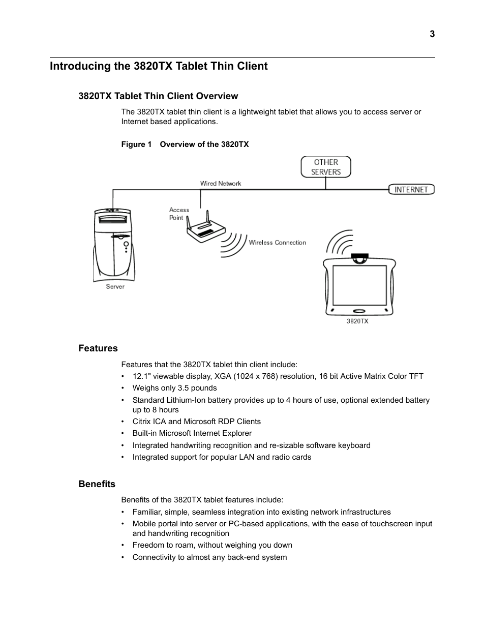 Introducing the 3820tx tablet thin client, 3820tx tablet thin client overview, Features | Benefits, Introducing the 3820tx tablet thin client 3, Benefits 3, Overview of the 3820tx | Wyse Technology 3820TX User Manual | Page 13 / 40