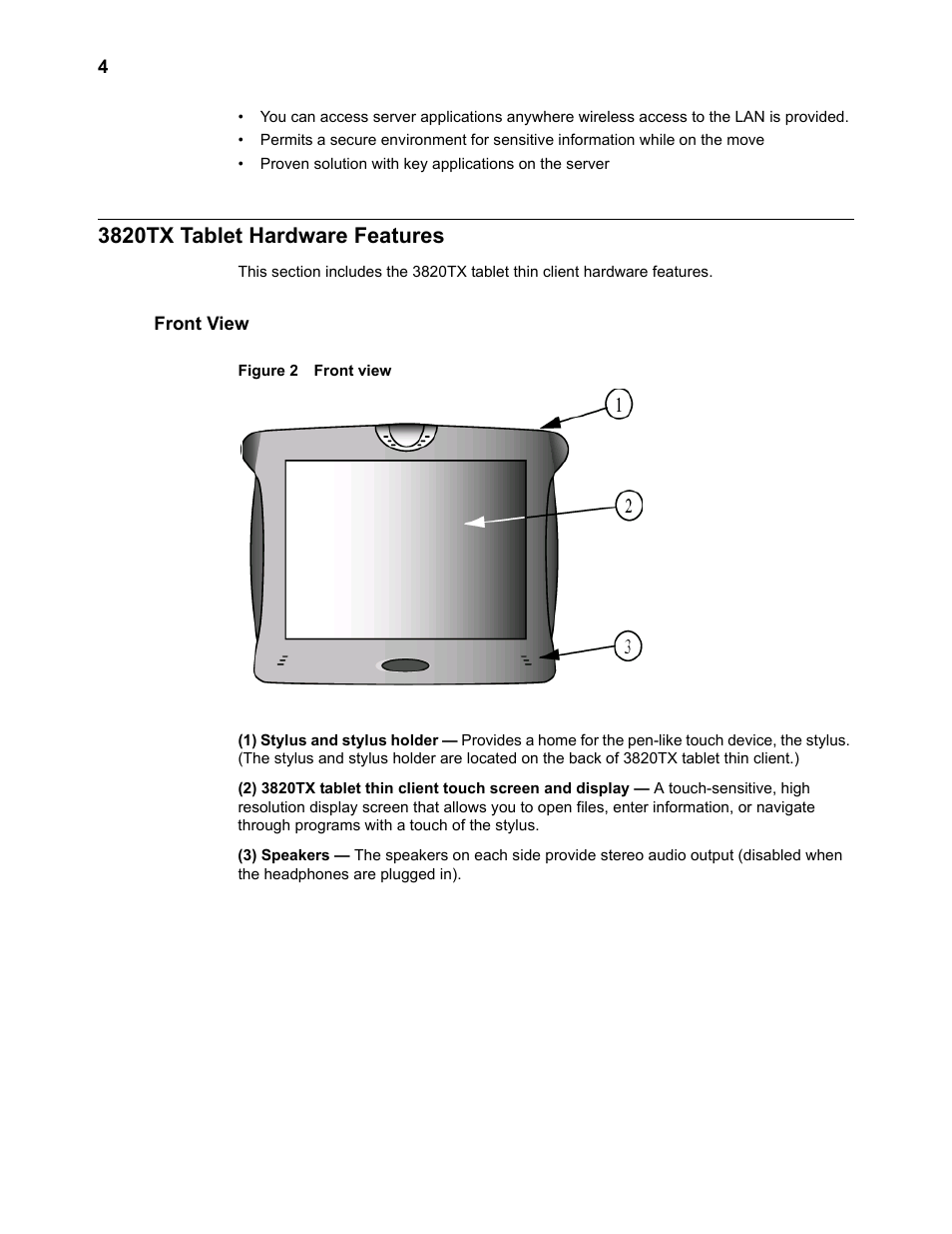 3820tx tablet hardware features, Front view, 3820tx tablet hardware features 4 | Front view 4 | Wyse Technology 3820TX User Manual | Page 14 / 40
