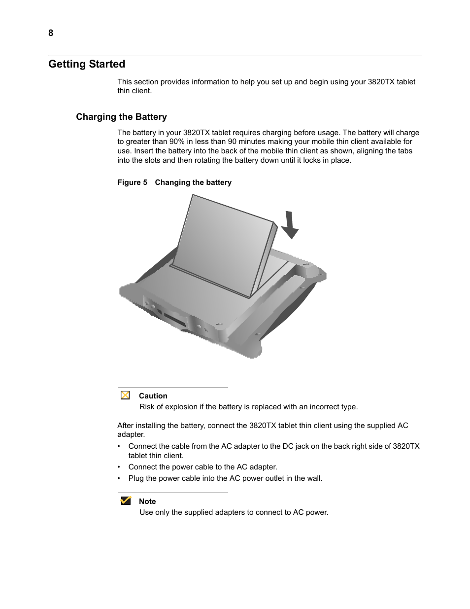 Getting started, Charging the battery, Getting started 8 | Changing the battery 8 | Wyse Technology 3820TX User Manual | Page 18 / 40