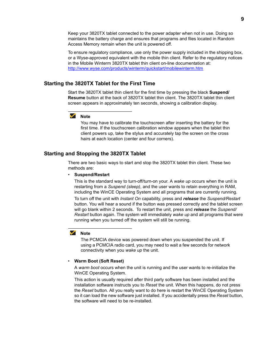 Starting the 3820tx tablet for the first time, Starting and stopping the 3820tx tablet | Wyse Technology 3820TX User Manual | Page 19 / 40