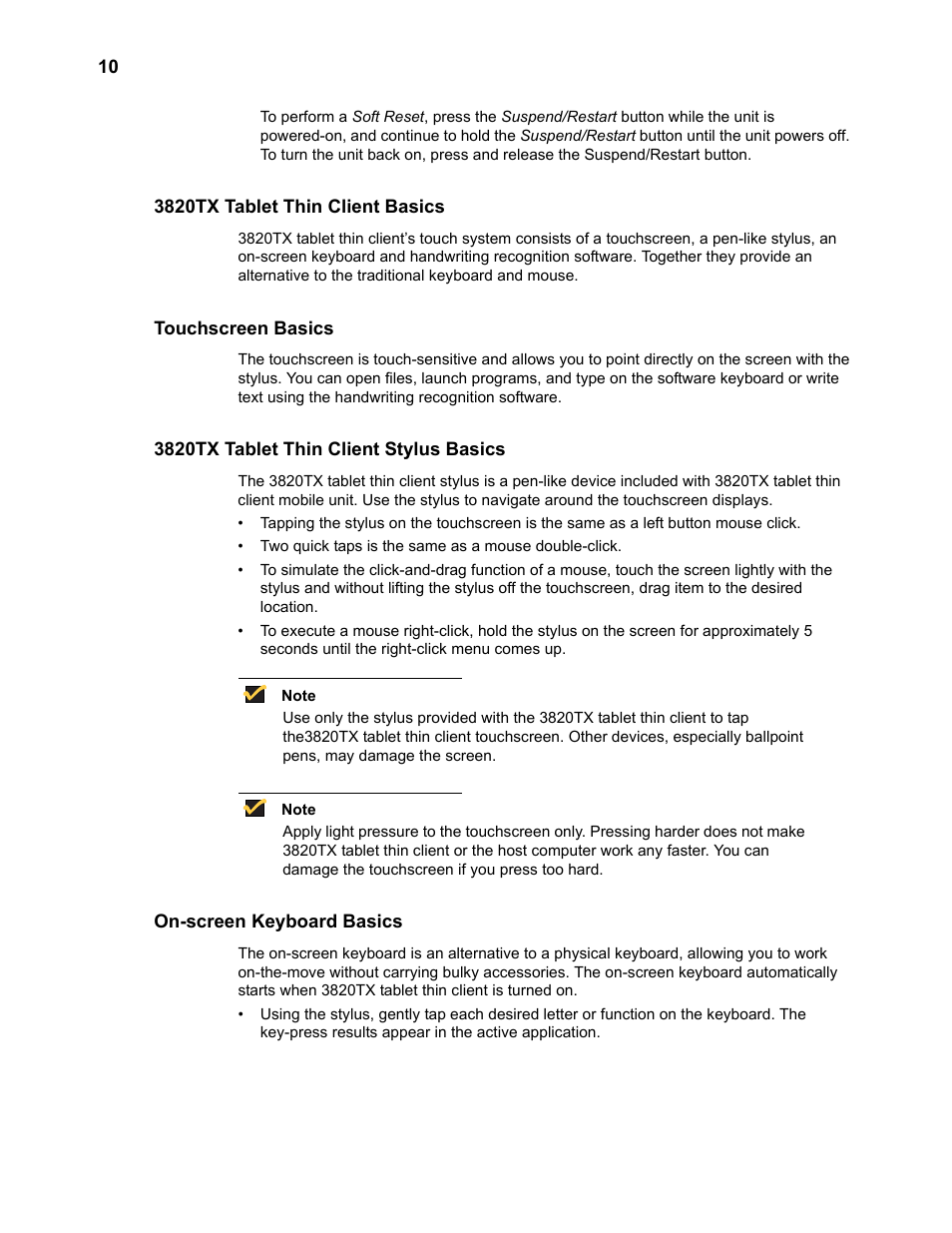 3820tx tablet thin client basics, Touchscreen basics, 3820tx tablet thin client stylus basics | On-screen keyboard basics, On-screen keyboard basics 10 | Wyse Technology 3820TX User Manual | Page 20 / 40