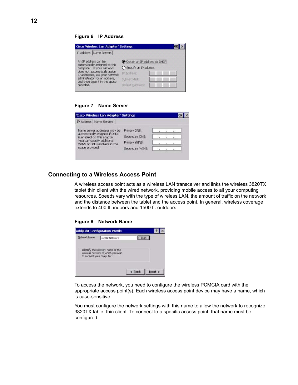 Connecting to a wireless access point, Ip address 12, Name server 12 | Network name 12 | Wyse Technology 3820TX User Manual | Page 22 / 40