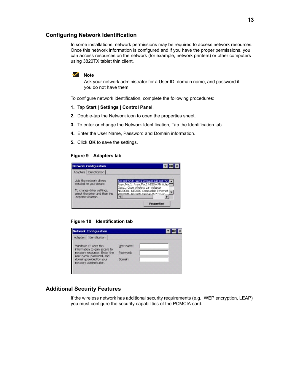 Configuring network identification, Additional security features, Adapters tab | Identification tab | Wyse Technology 3820TX User Manual | Page 23 / 40
