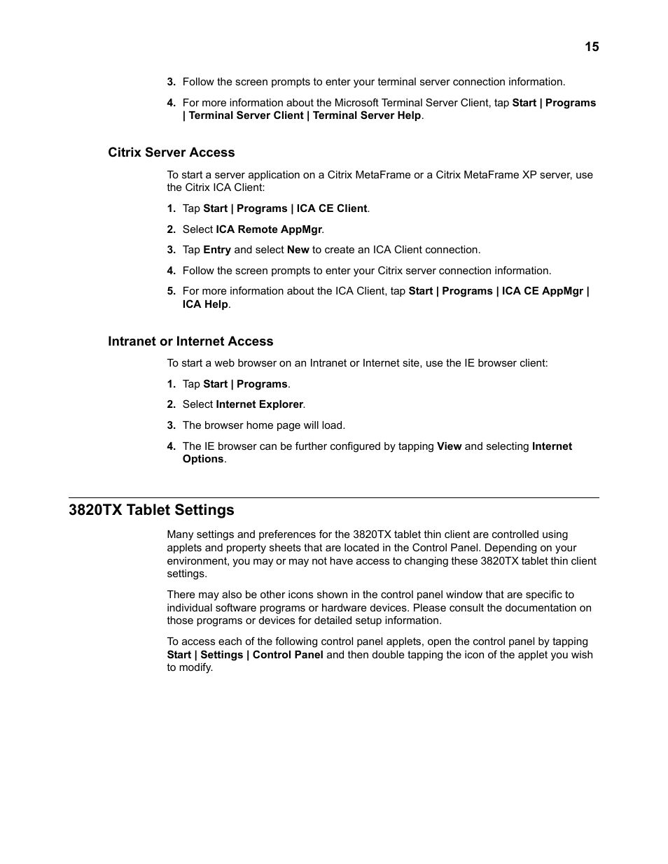 Citrix server access, Intranet or internet access, 3820tx tablet settings | Wyse Technology 3820TX User Manual | Page 25 / 40