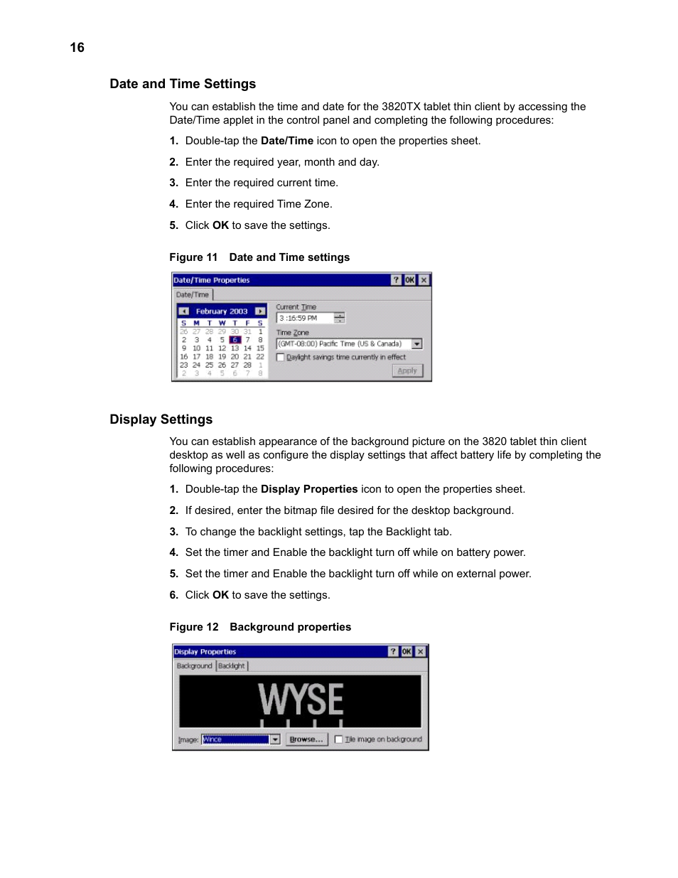 Date and time settings, Display settings, Date and time settings 16 display settings | Background properties | Wyse Technology 3820TX User Manual | Page 26 / 40