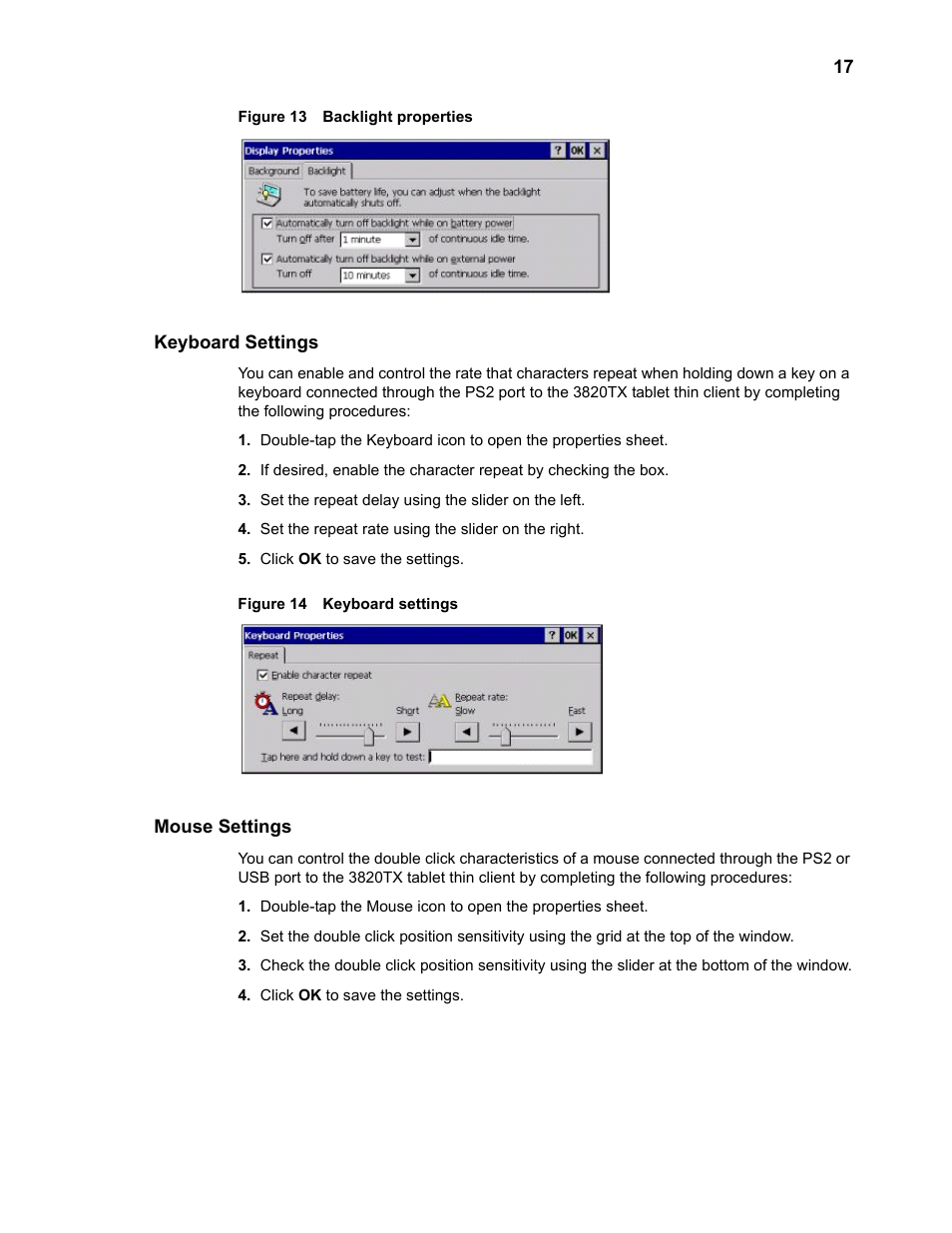 Keyboard settings, Mouse settings, Backlight properties 17 | Keyboard settings 17 | Wyse Technology 3820TX User Manual | Page 27 / 40