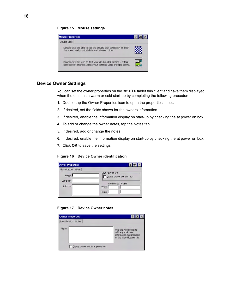 Device owner settings, Mouse settings 18, Device owner identification 18 | Device owner notes 18 | Wyse Technology 3820TX User Manual | Page 28 / 40