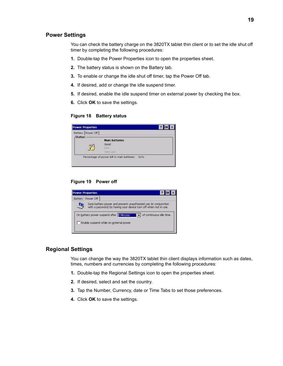 Power settings, Regional settings, Power settings 19 | Regional settings 19, Battery status, Power off 19 | Wyse Technology 3820TX User Manual | Page 29 / 40
