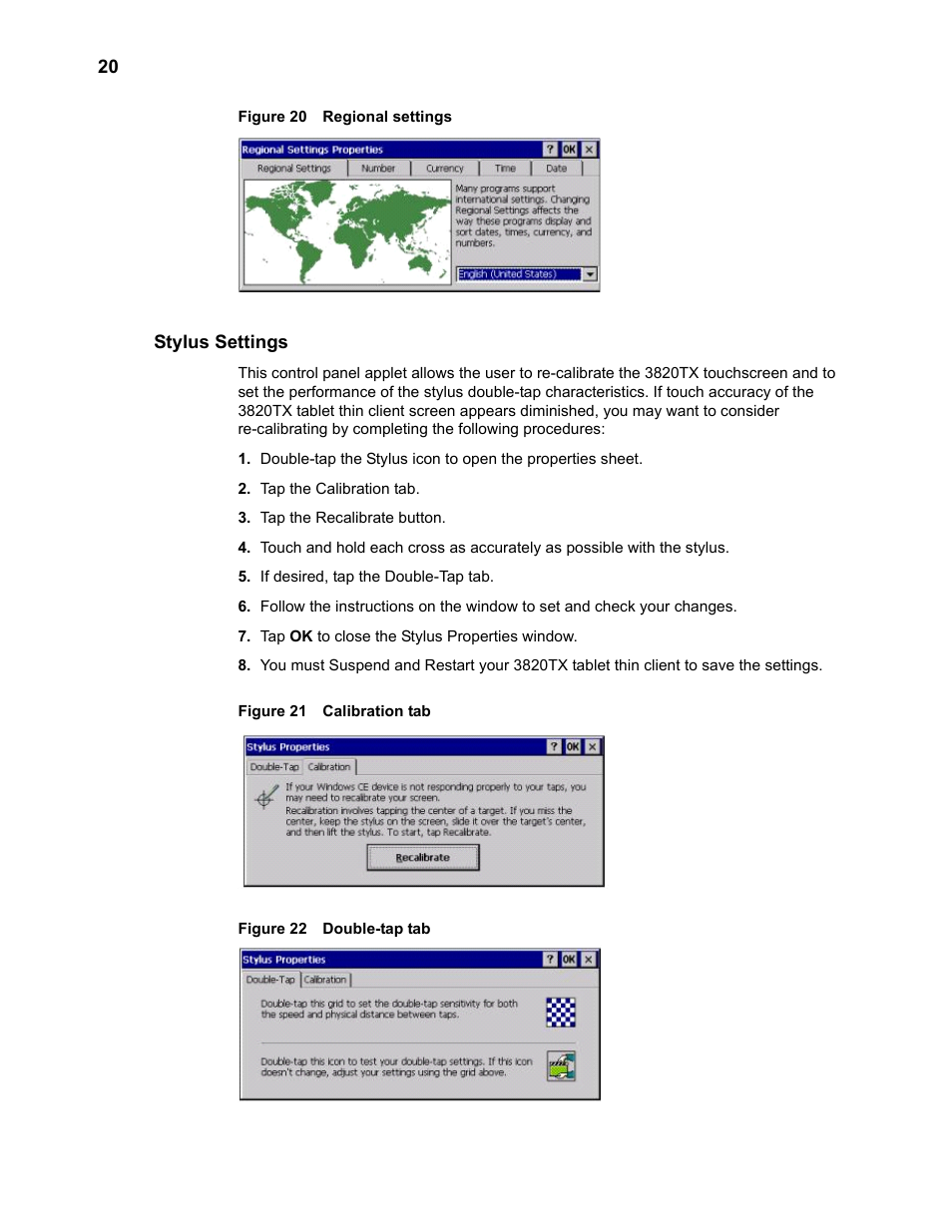 Stylus settings, Regional settings, Calibration tab | Double-tap tab 20 | Wyse Technology 3820TX User Manual | Page 30 / 40