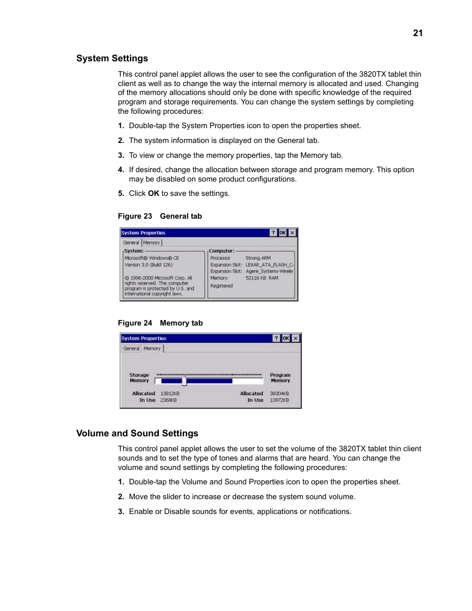 System settings, Volume and sound settings, System settings 21 volume and sound settings 21 | General tab, Memory tab | Wyse Technology 3820TX User Manual | Page 31 / 40
