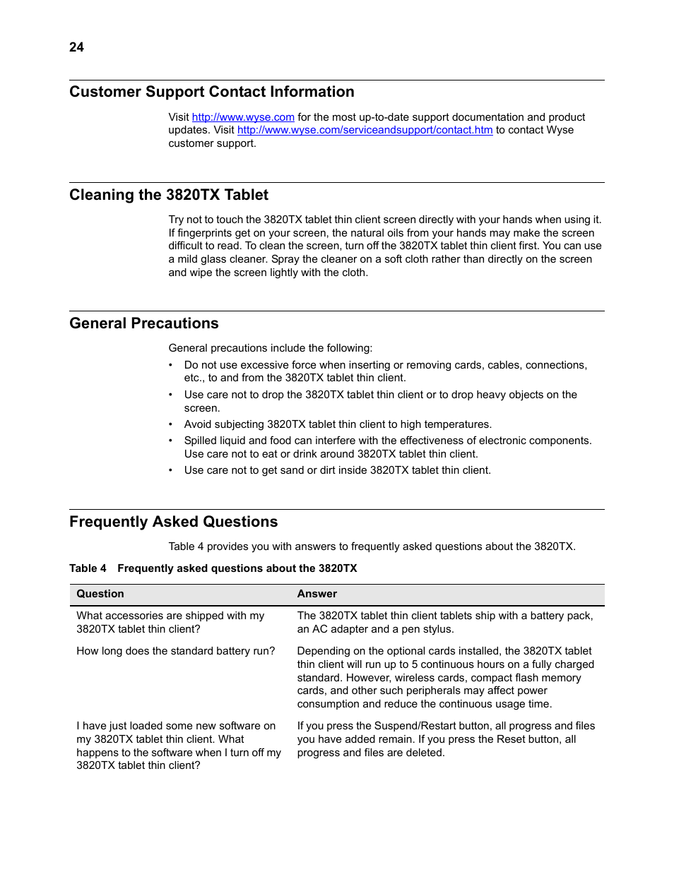 Customer support contact information, Cleaning the 3820tx tablet, General precautions | Frequently asked questions, Frequently asked questions 24, Frequently asked questions about the 3820tx | Wyse Technology 3820TX User Manual | Page 34 / 40