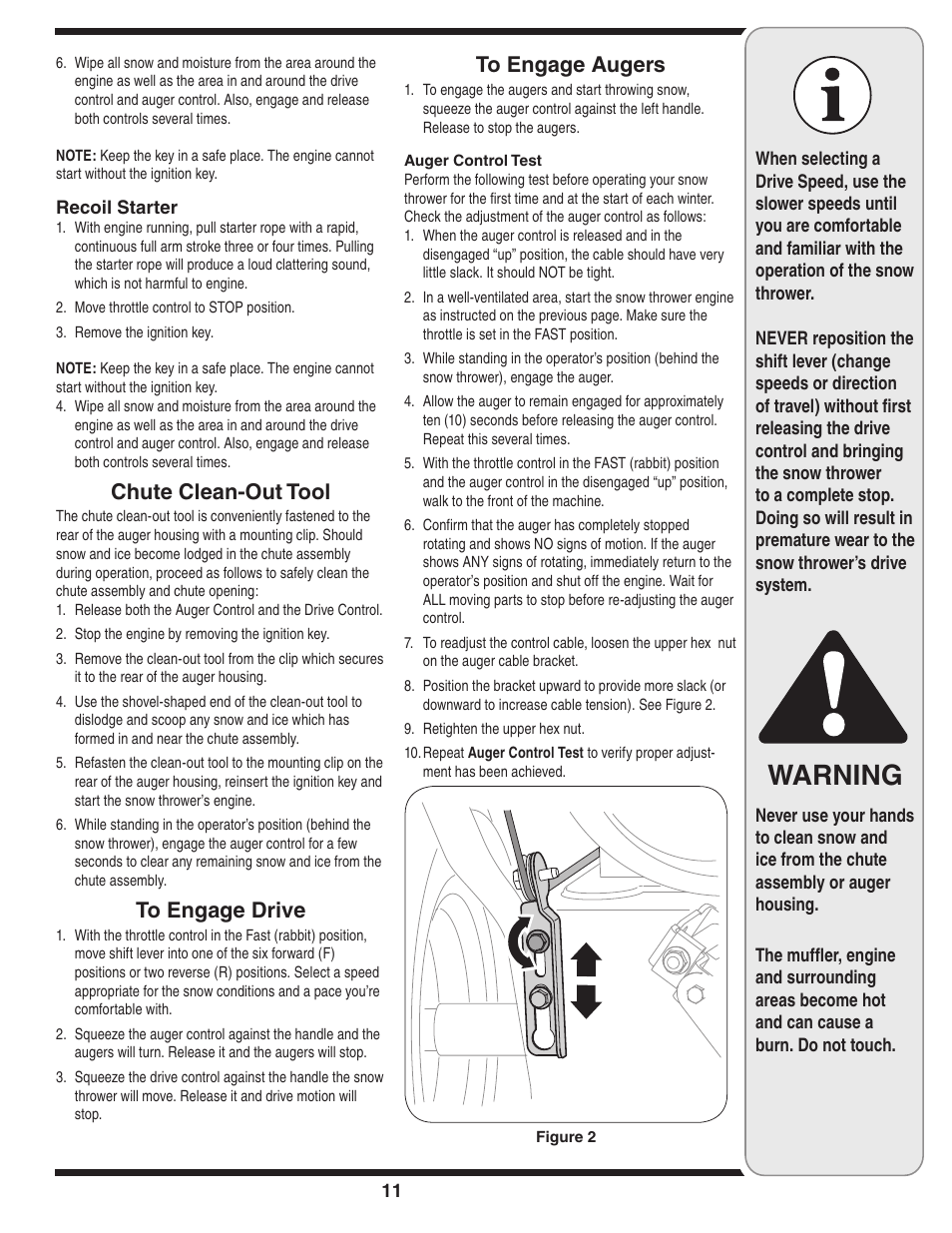 Warning, Chute clean-out tool | White Outdoor L-Syle User Manual | Page 11 / 28