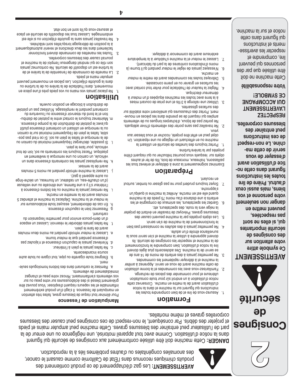 Consignes de sécurité, Aver tissement, Formation | Préparation, Utilisation | White Outdoor 769-04211 User Manual | Page 45 / 48