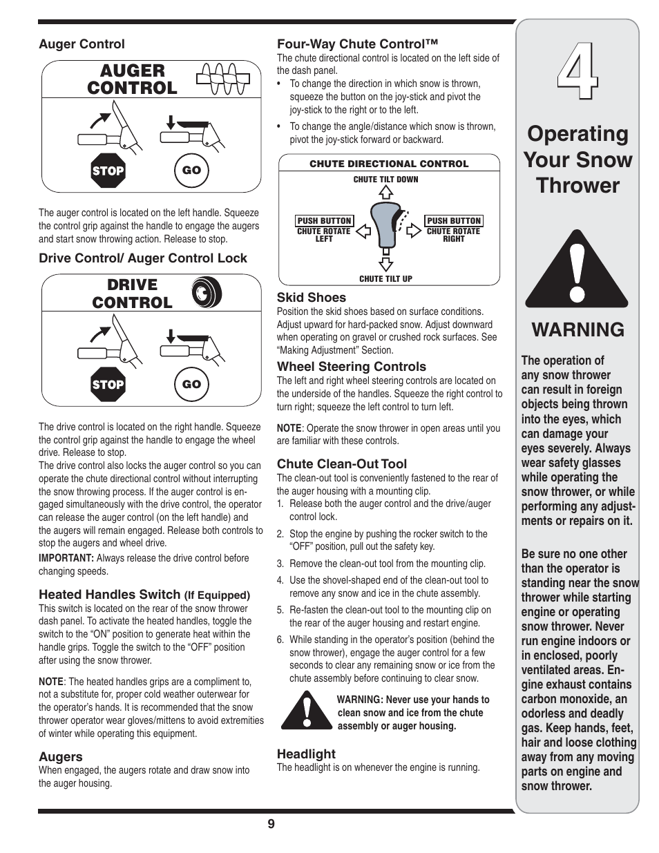 Operating your snow thrower, Warning | White Outdoor 769-04211 User Manual | Page 9 / 48