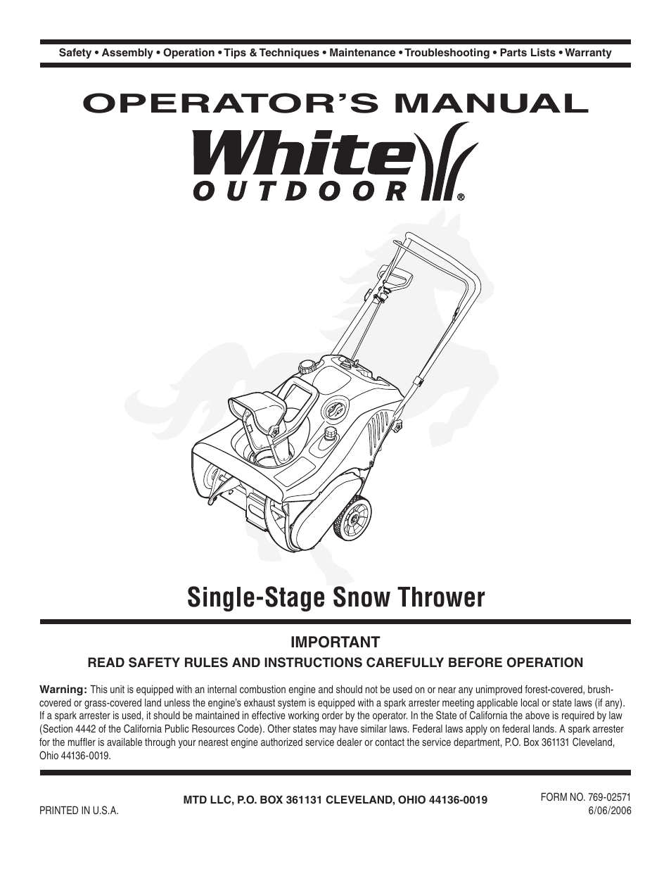 White Outdoor Single-Stage Snow Thrower User Manual | 20 pages