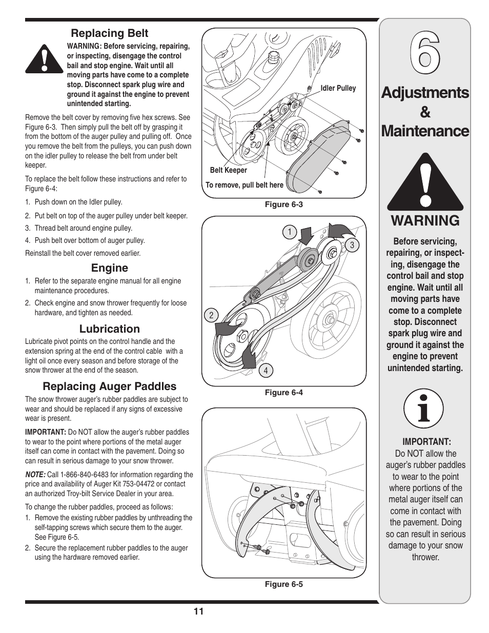 Adjustments & maintenance, Warning | White Outdoor Single-Stage Snow Thrower User Manual | Page 11 / 20