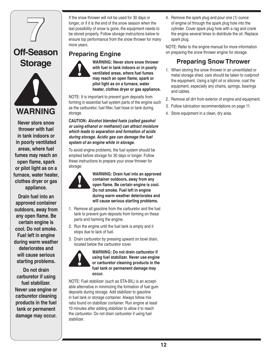 Off-season storage, Warning | White Outdoor Single-Stage Snow Thrower User Manual | Page 12 / 20