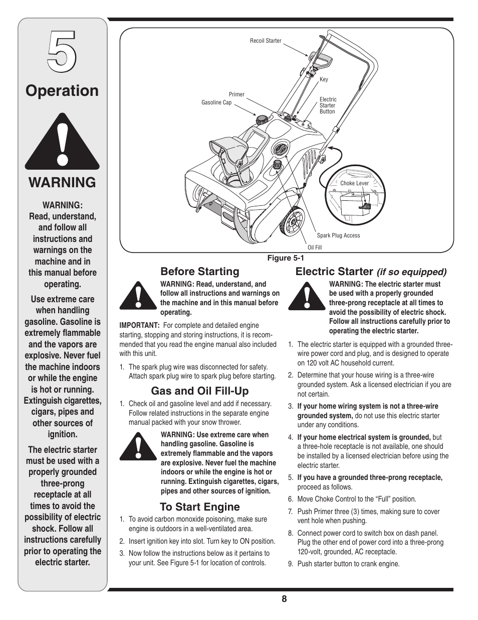 Operation, Warning | White Outdoor Single-Stage Snow Thrower User Manual | Page 8 / 20