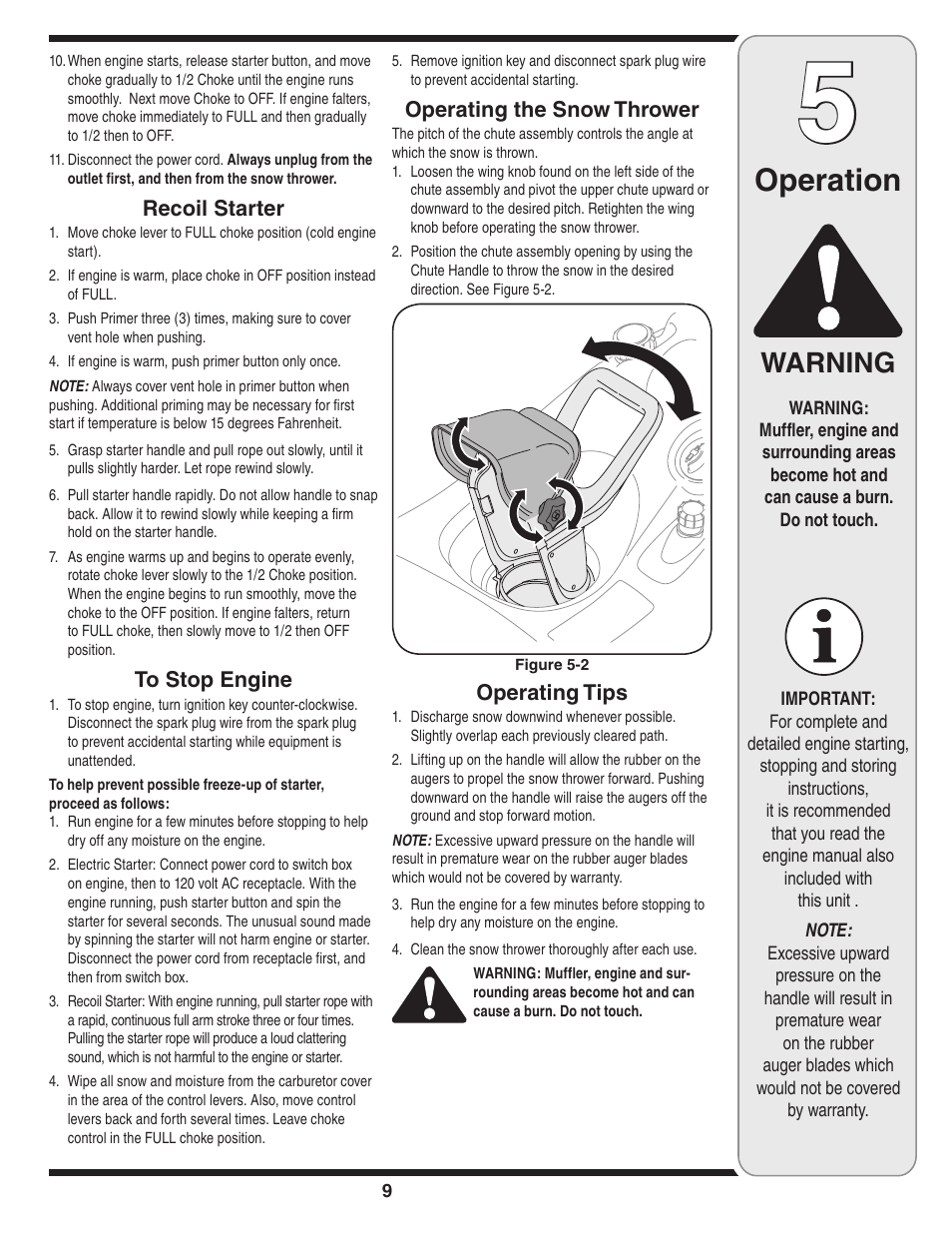Operation, Warning | White Outdoor Single-Stage Snow Thrower User Manual | Page 9 / 20