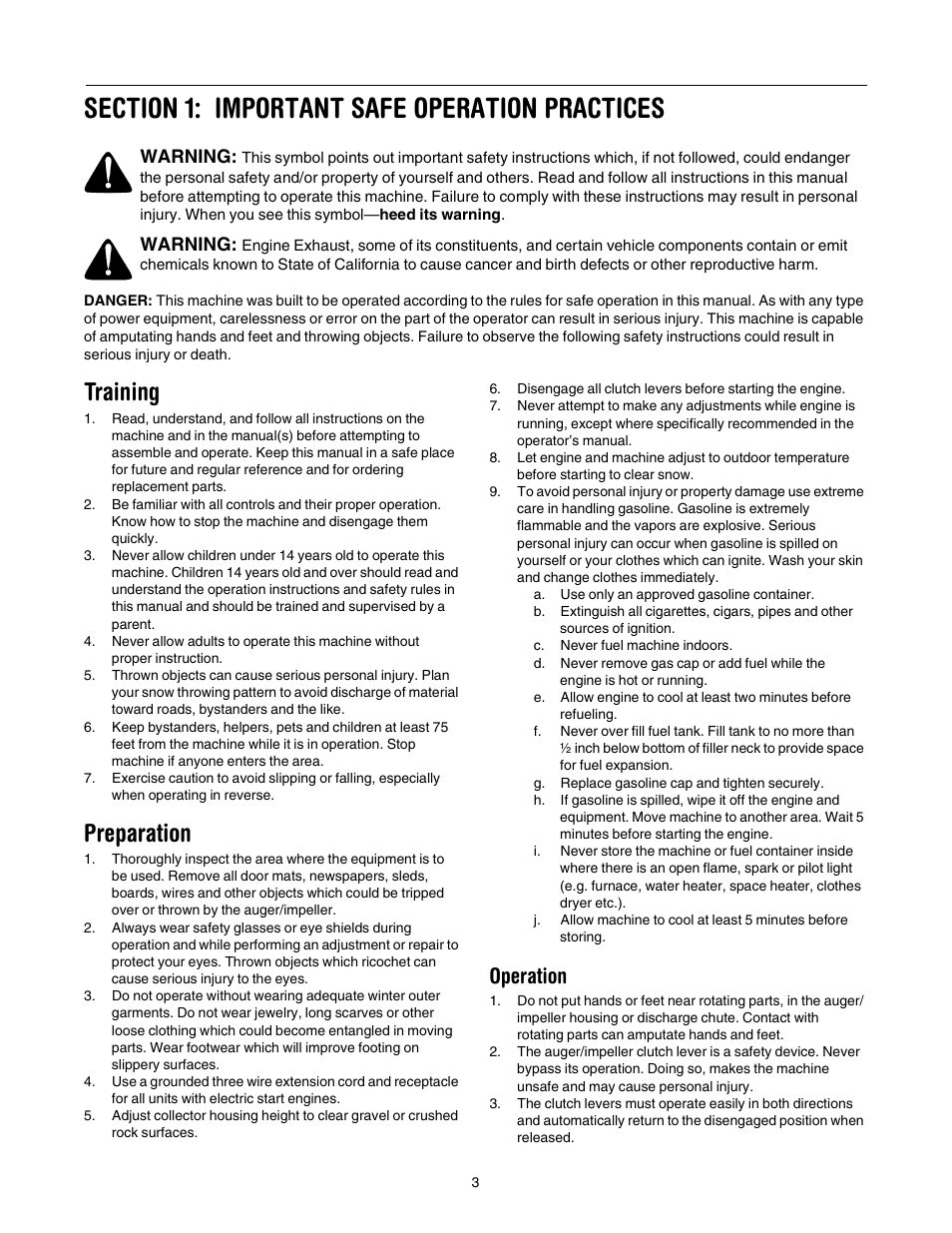 Training, Preparation, Operation | White Outdoor Snow Boss 721 User Manual | Page 3 / 16