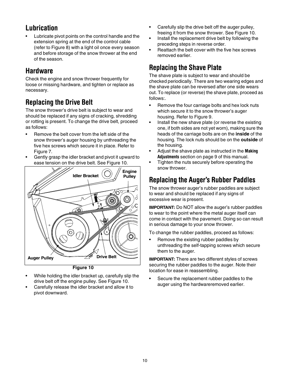 Lubrication, Hardware, Replacing the drive belt | Replacing the shave plate, Replacing the auger’s rubber paddles | White Outdoor SB 45 User Manual | Page 10 / 16