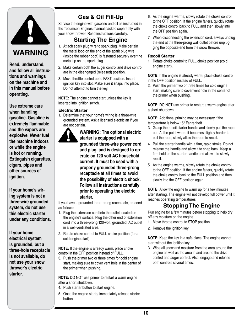 Warning, Gas & oil fill-up, Starting the engine | Stopping the engine | White Outdoor 769-01923A User Manual | Page 10 / 28