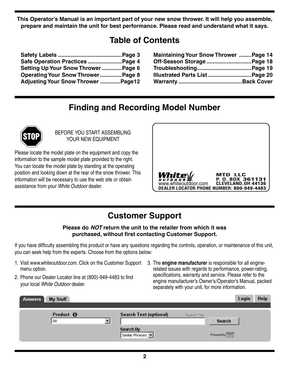 Customer support, Stop | White Outdoor 769-01923A User Manual | Page 2 / 28
